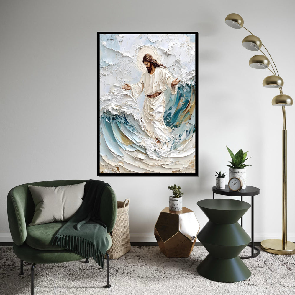 Impasto Jesus Walking on Waves Canvas Print – Textured Christian Wall Art, Blue & Cream Coastal Faith Décor, Inspirational Gift