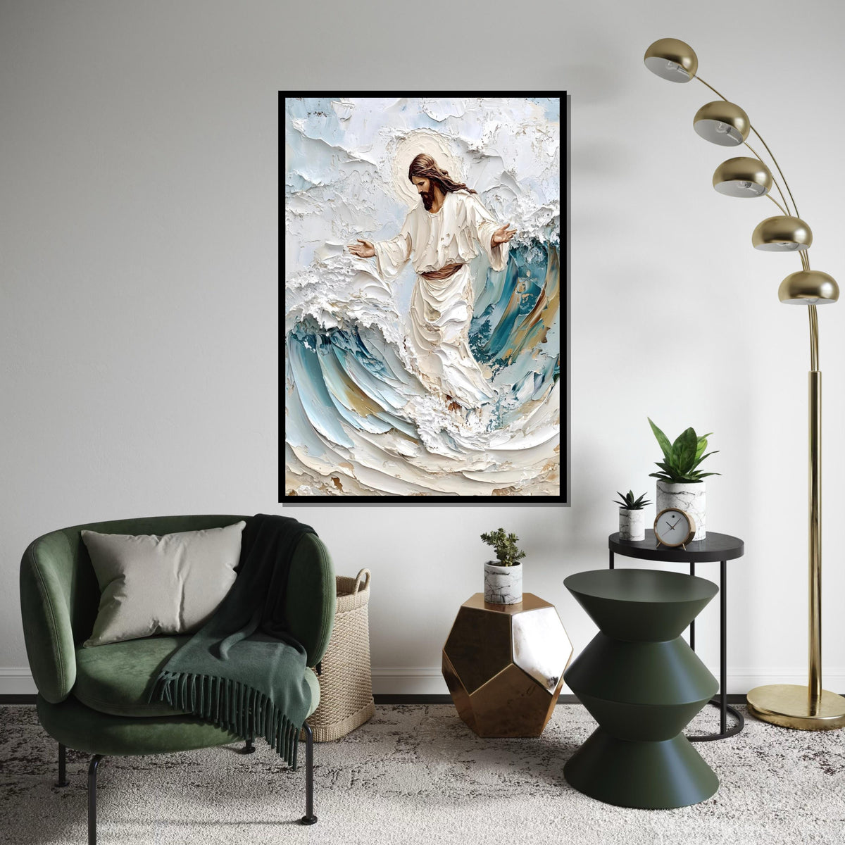 Impasto Jesus Walking on Waves Canvas Print – Textured Christian Wall Art, Blue & Cream Coastal Faith Décor, Inspirational Gift