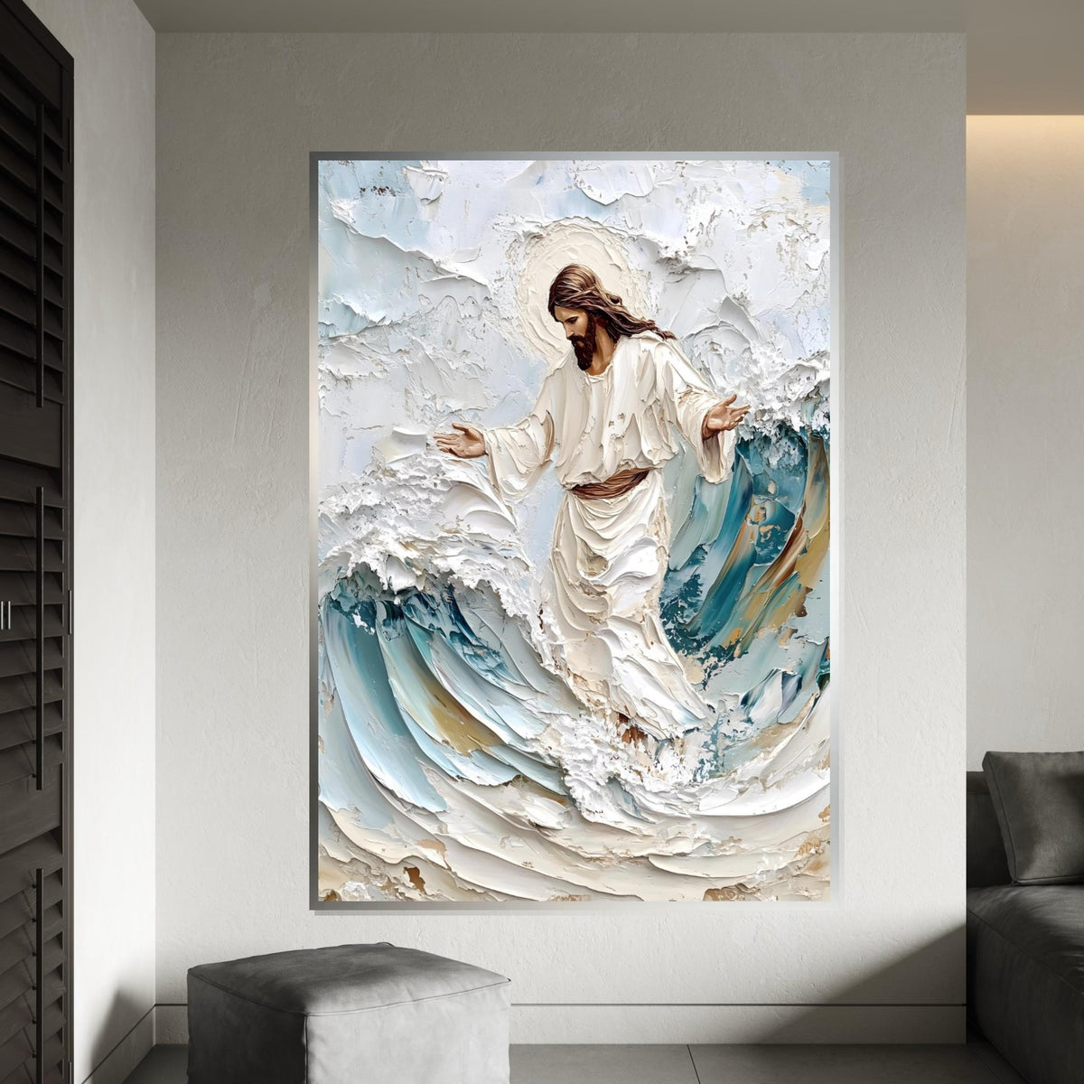 Impasto Jesus Walking on Waves Canvas Print – Textured Christian Wall Art, Blue & Cream Coastal Faith Décor, Inspirational Gift