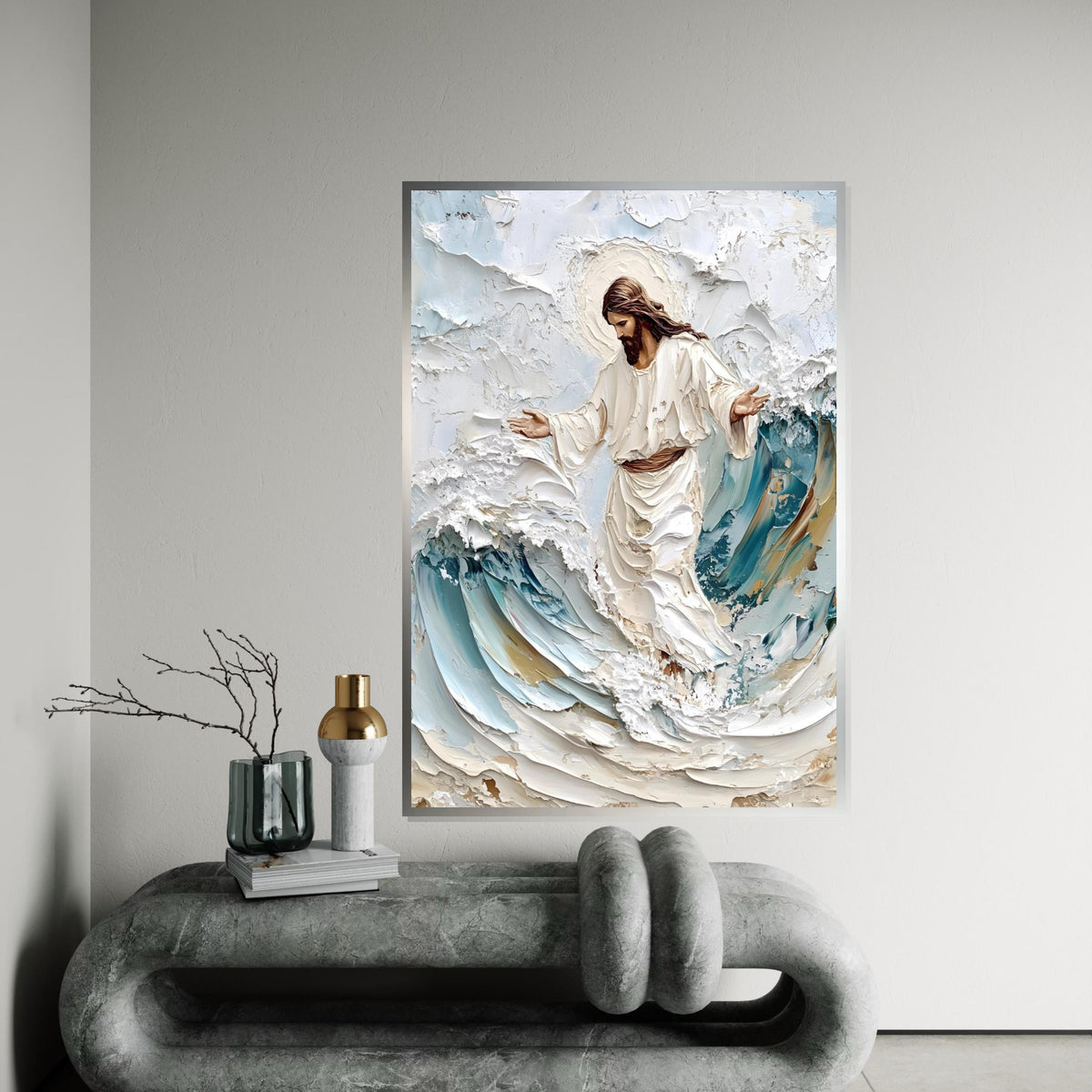 Impasto Jesus Walking on Waves Canvas Print – Textured Christian Wall Art, Blue & Cream Coastal Faith Décor, Inspirational Gift