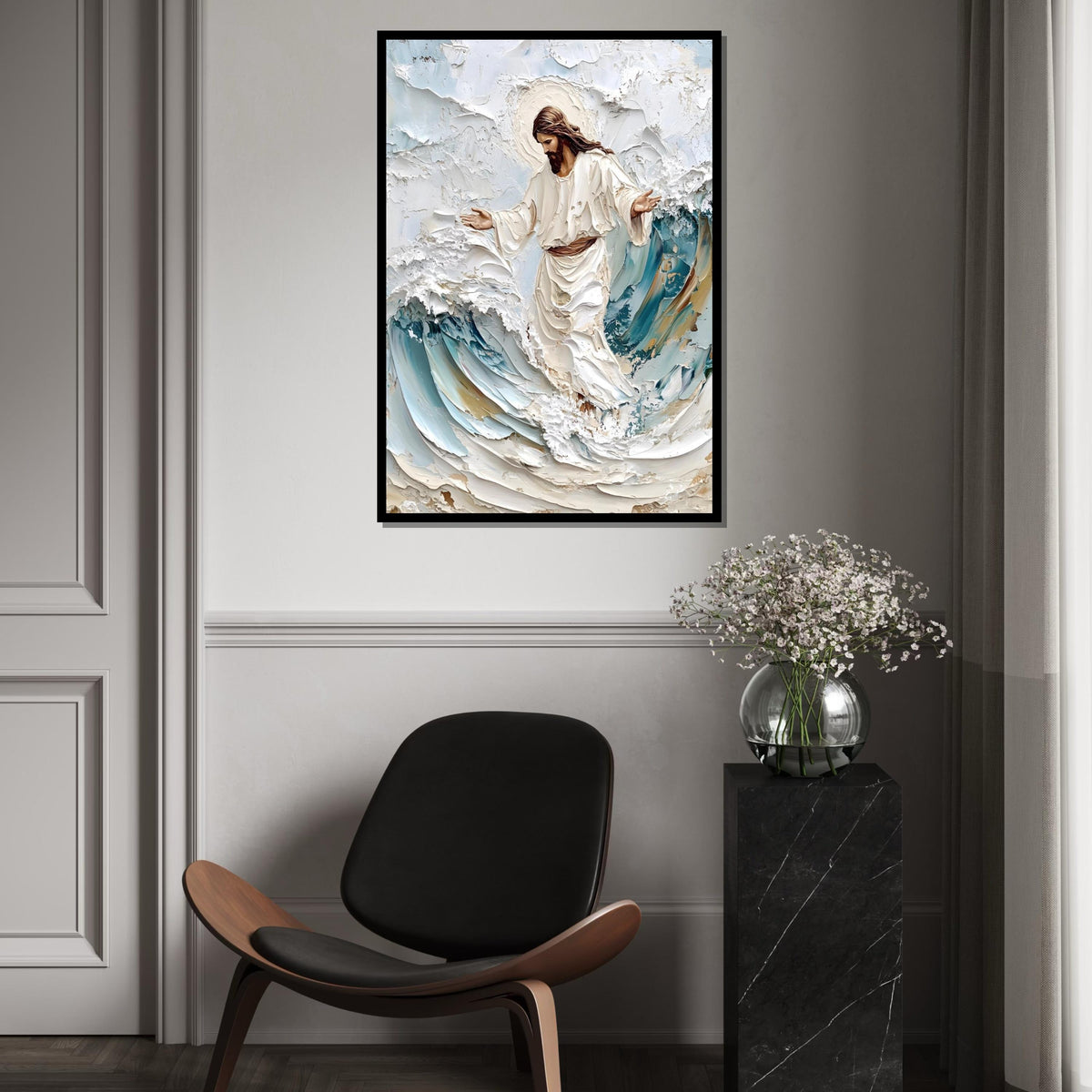 Impasto Jesus Walking on Waves Canvas Print – Textured Christian Wall Art, Blue & Cream Coastal Faith Décor, Inspirational Gift