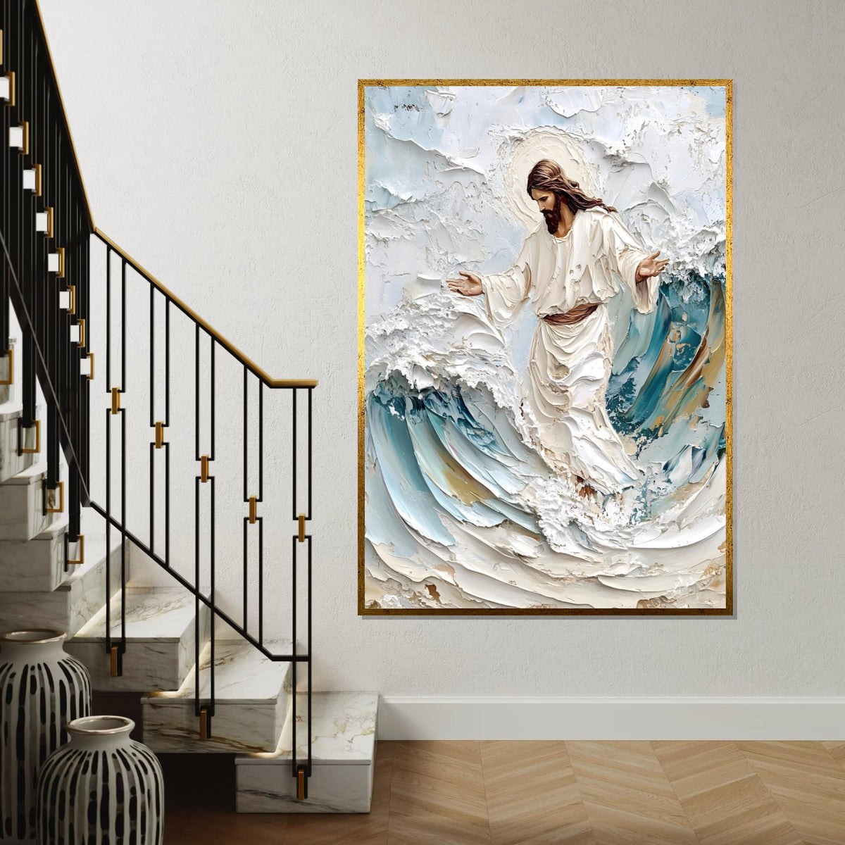 Impasto Jesus Walking on Waves Canvas Print – Textured Christian Wall Art, Blue & Cream Coastal Faith Décor, Inspirational Gift