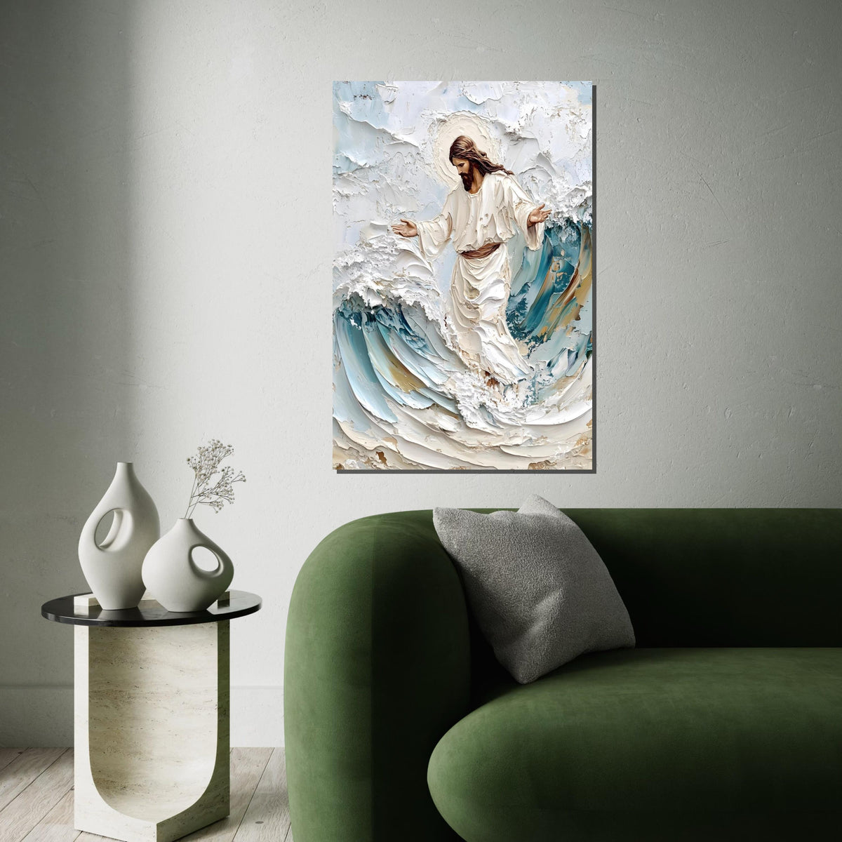 Impasto Jesus Walking on Waves Canvas Print – Textured Christian Wall Art, Blue & Cream Coastal Faith Décor, Inspirational Gift