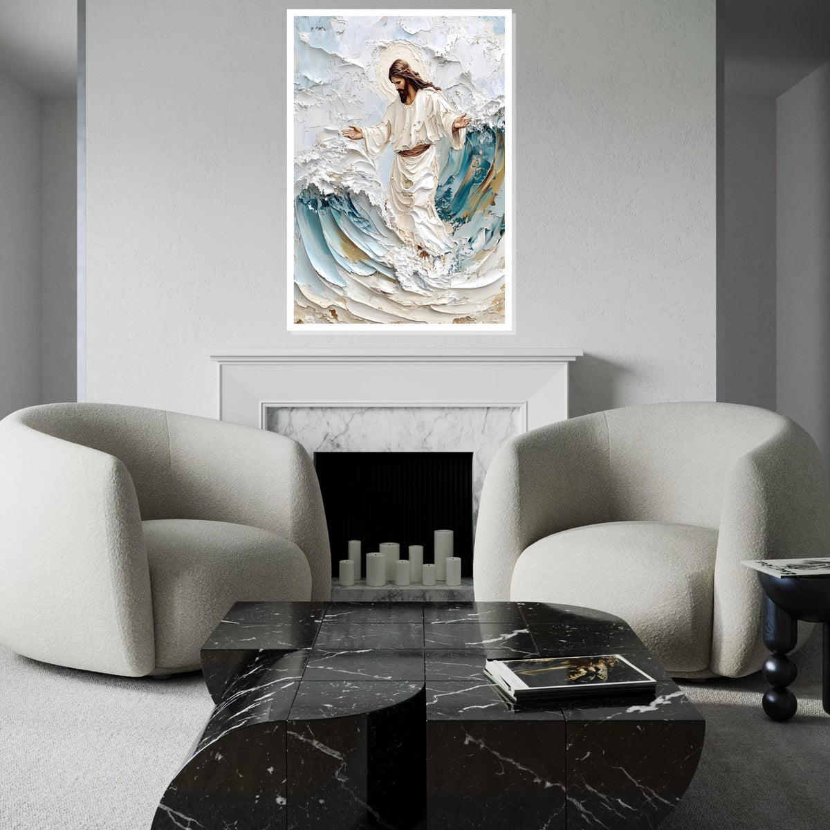 Impasto Jesus Walking on Waves Canvas Print – Textured Christian Wall Art, Blue & Cream Coastal Faith Décor, Inspirational Gift