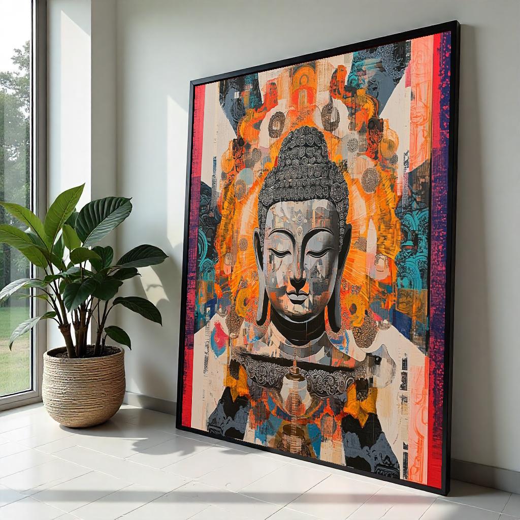 Abstract Geometric Buddha Canvas Print – Vibrant Collage Zen Wall Art, Psychedelic Orange Teal Meditation Décor, Boho Spiritual Gift