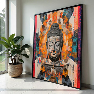 Abstract Geometric Buddha Canvas Print – Vibrant Collage Zen Wall Art, Psychedelic Orange Teal Meditation Décor, Boho Spiritual Gift