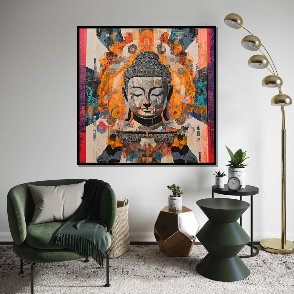 Abstract Geometric Buddha Canvas Print – Vibrant Collage Zen Wall Art, Psychedelic Orange Teal Meditation Décor, Boho Spiritual Gift