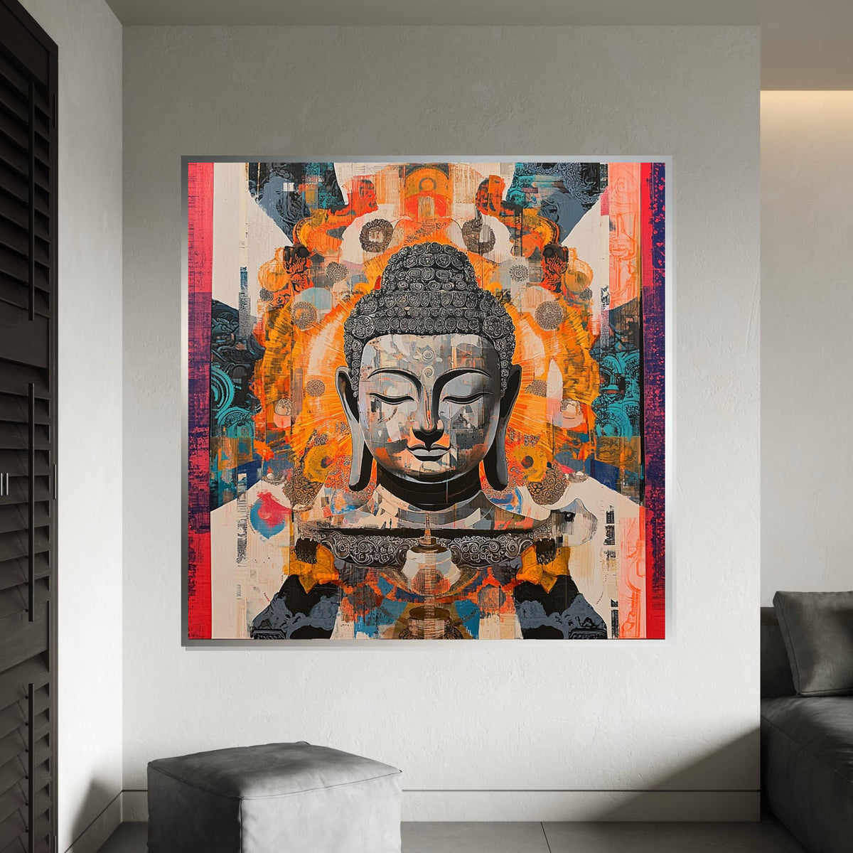 Abstract Geometric Buddha Canvas Print – Vibrant Collage Zen Wall Art, Psychedelic Orange Teal Meditation Décor, Boho Spiritual Gift
