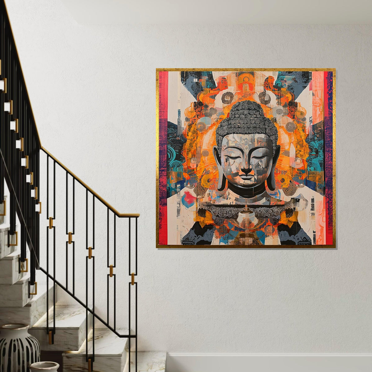 Abstract Geometric Buddha Canvas Print – Vibrant Collage Zen Wall Art, Psychedelic Orange Teal Meditation Décor, Boho Spiritual Gift