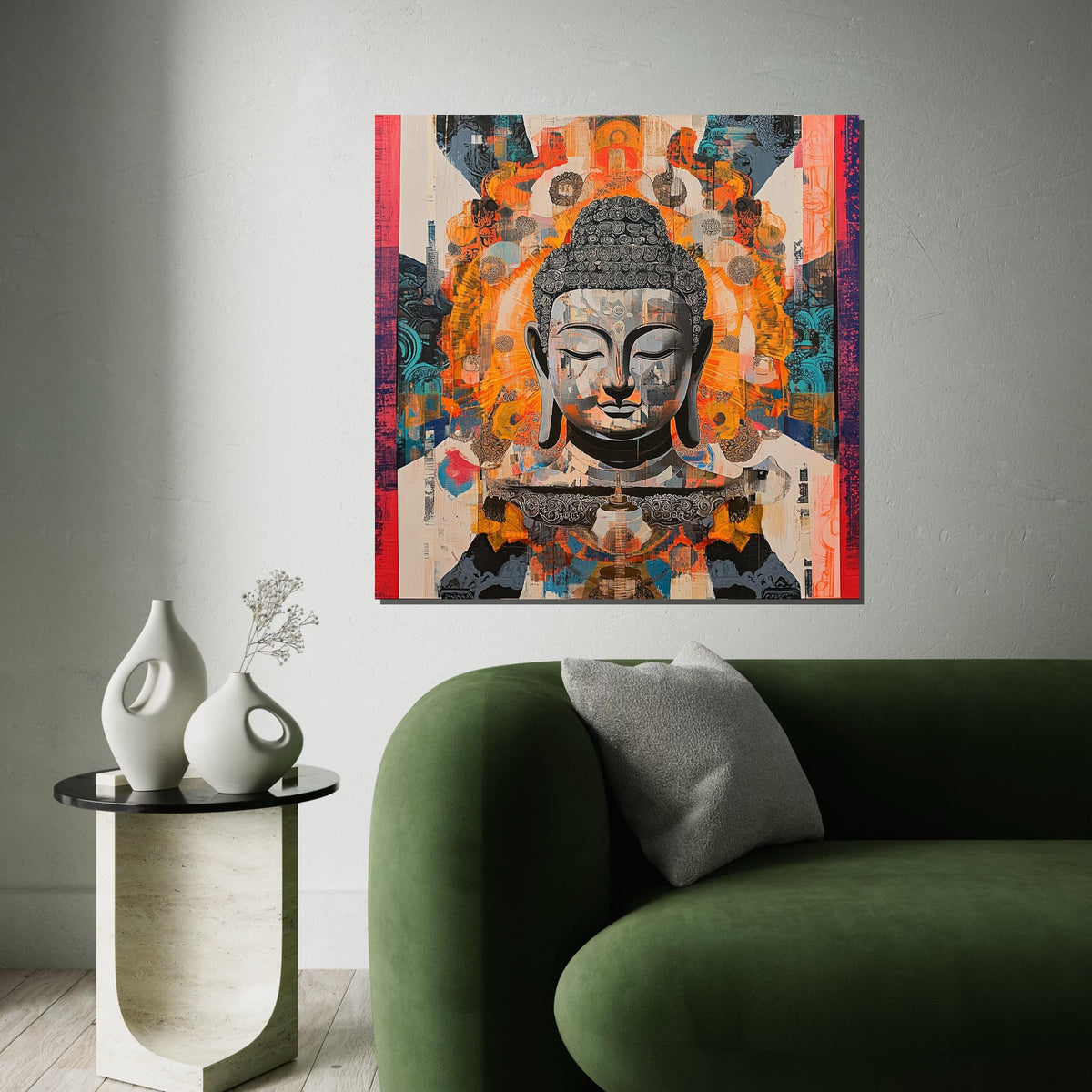 Abstract Geometric Buddha Canvas Print – Vibrant Collage Zen Wall Art, Psychedelic Orange Teal Meditation Décor, Boho Spiritual Gift