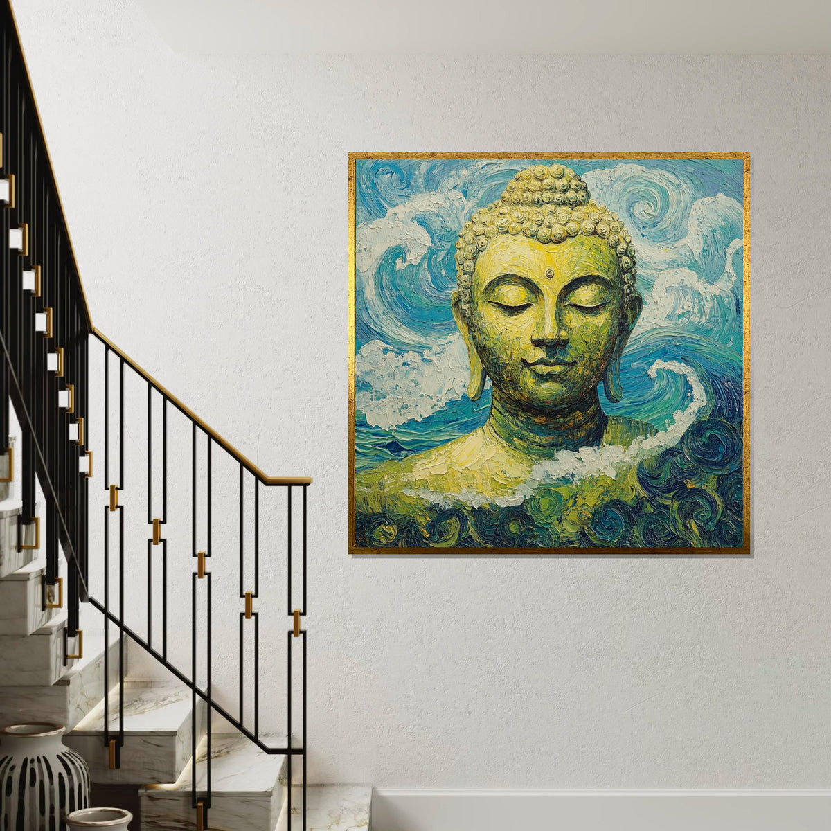 Van Gogh Style Buddha Canvas Print – Turquoise Zen Wall Art, Impasto Painting, Spiritual Meditation Buddhist Home Décor Gift