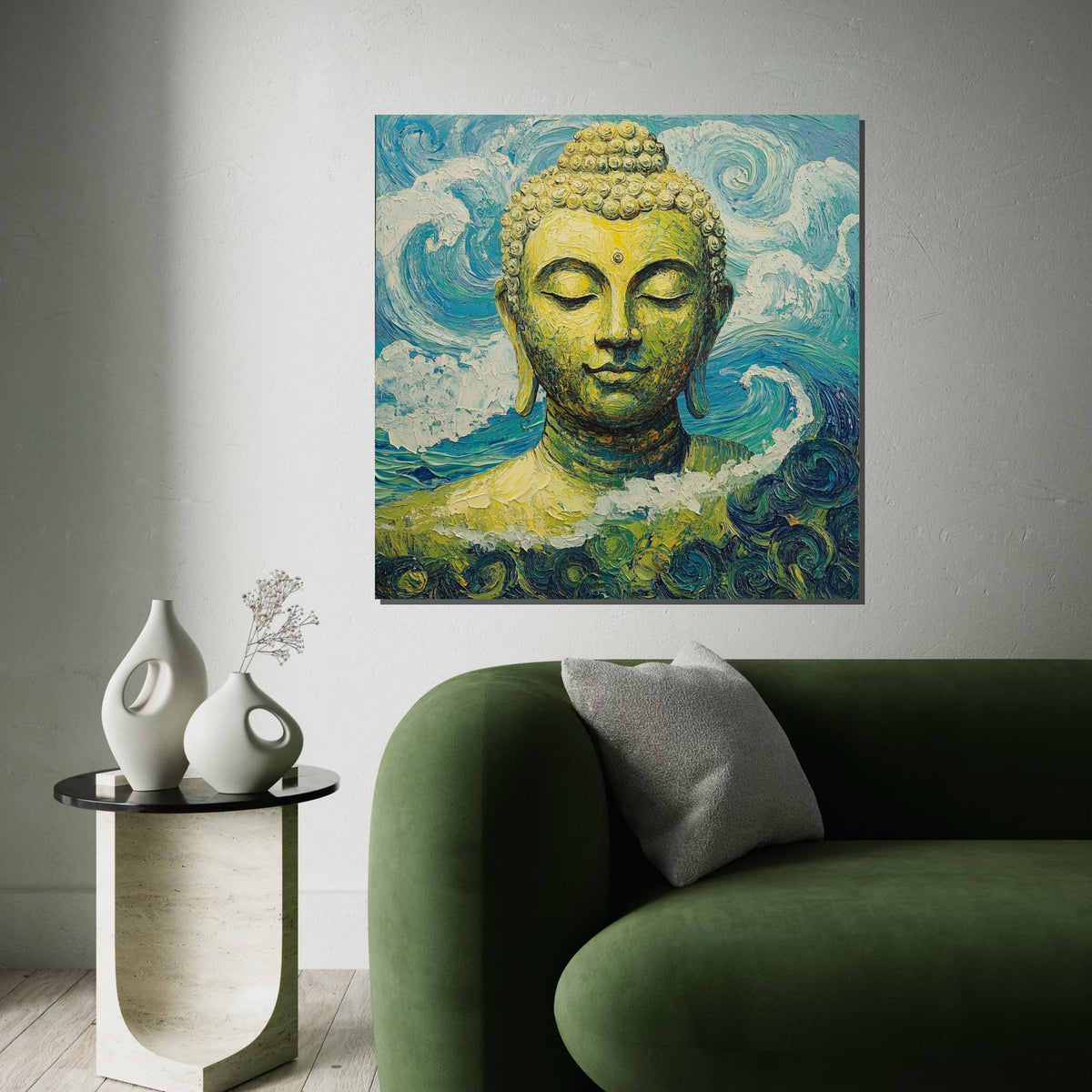 Van Gogh Style Buddha Canvas Print – Turquoise Zen Wall Art, Impasto Painting, Spiritual Meditation Buddhist Home Décor Gift