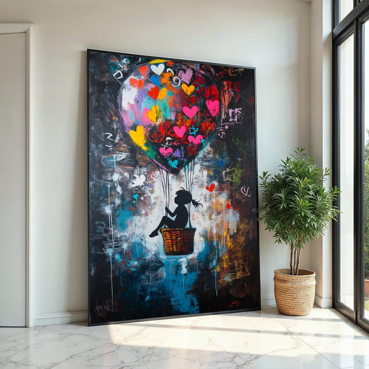 Colorful Heart Balloon Girl Canvas – Banksy Inspired Graffiti Pop Art, Vibrant Street Nursery Wall Decor, Whimsical Love Gift
