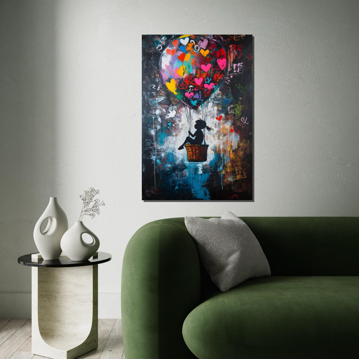 Colorful Heart Balloon Girl Canvas – Banksy Inspired Graffiti Pop Art, Vibrant Street Nursery Wall Decor, Whimsical Love Gift