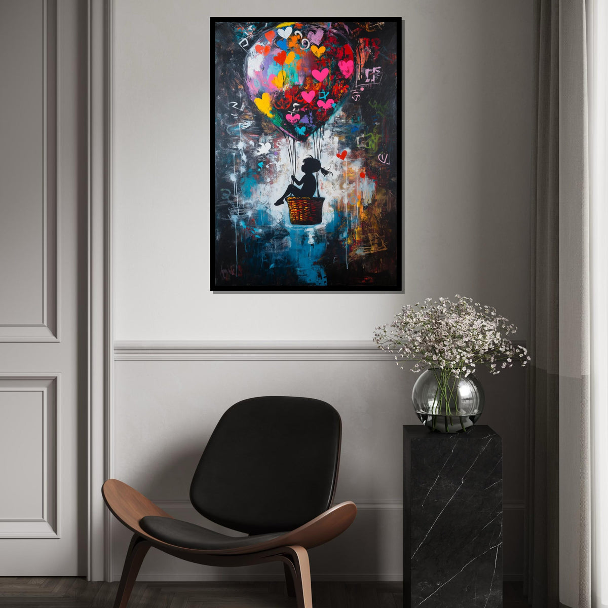Colorful Heart Balloon Girl Canvas – Banksy Inspired Graffiti Pop Art, Vibrant Street Nursery Wall Decor, Whimsical Love Gift