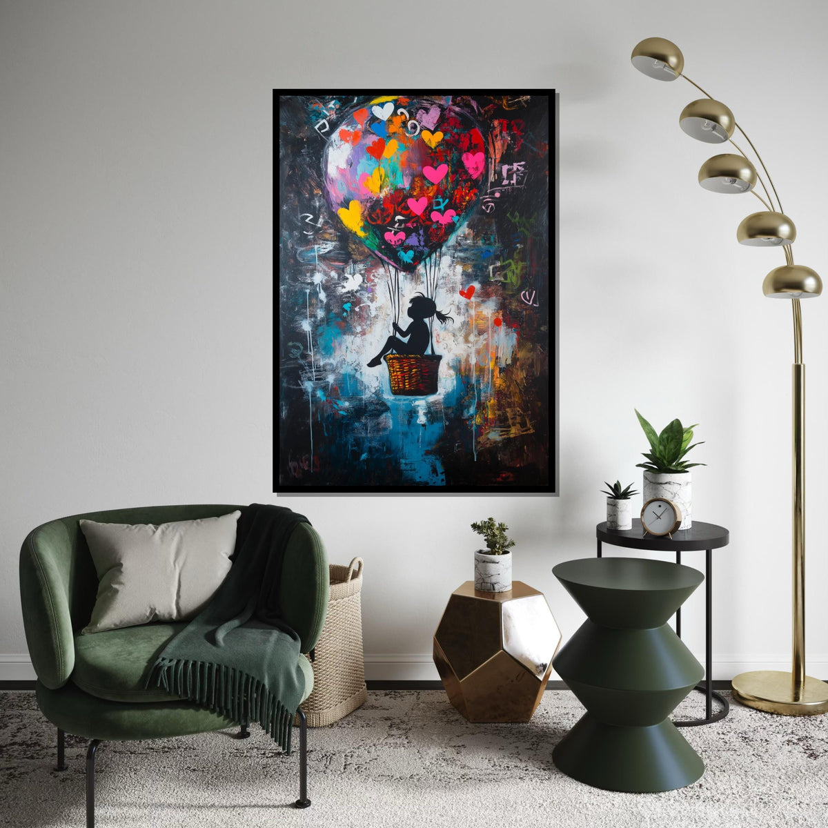Colorful Heart Balloon Girl Canvas – Banksy Inspired Graffiti Pop Art, Vibrant Street Nursery Wall Decor, Whimsical Love Gift