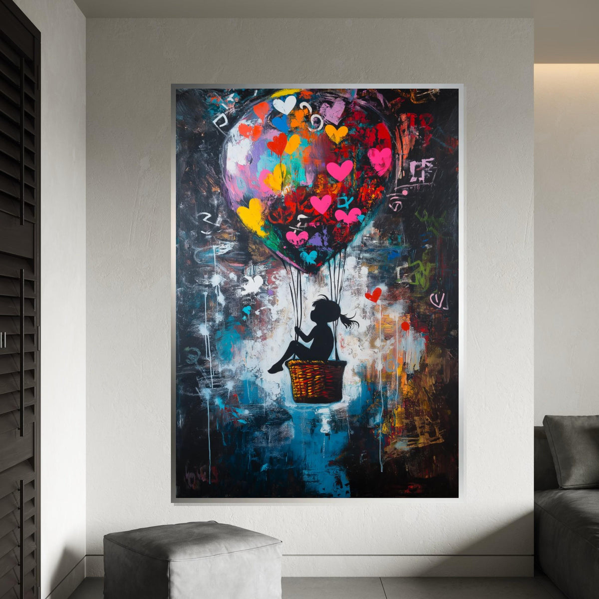 Colorful Heart Balloon Girl Canvas – Banksy Inspired Graffiti Pop Art, Vibrant Street Nursery Wall Decor, Whimsical Love Gift