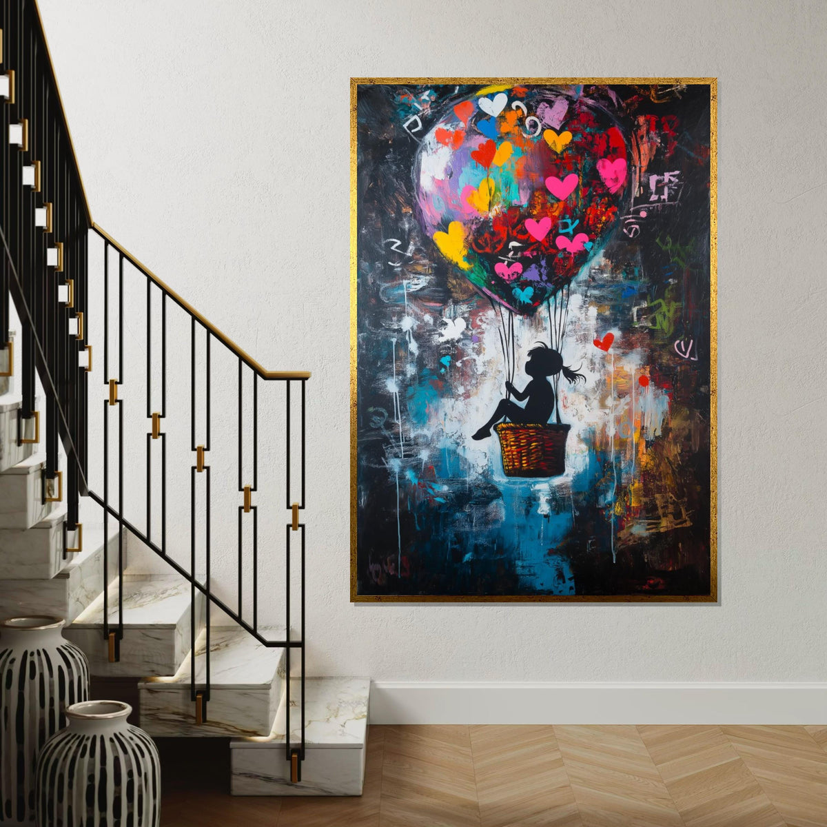 Colorful Heart Balloon Girl Canvas – Banksy Inspired Graffiti Pop Art, Vibrant Street Nursery Wall Decor, Whimsical Love Gift