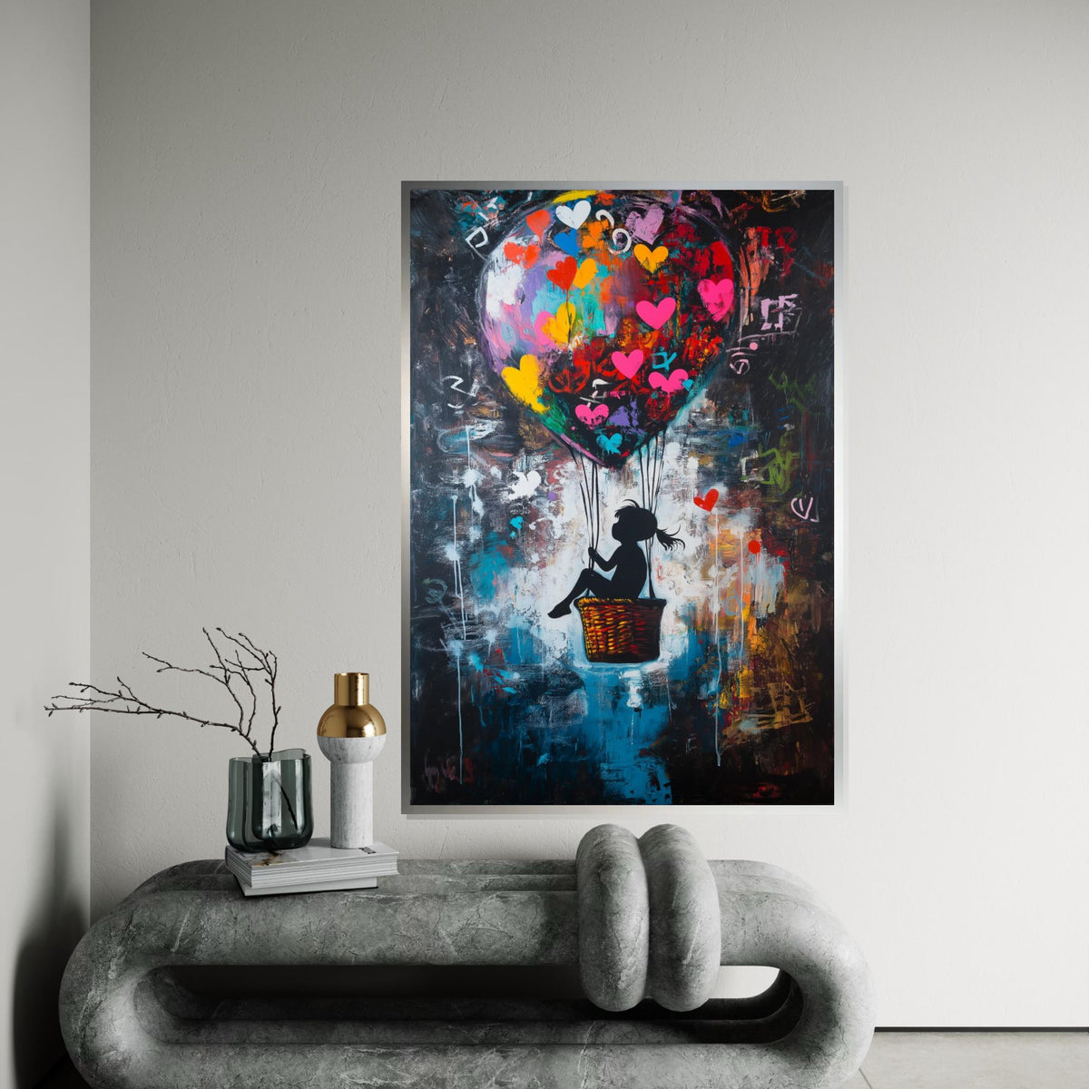 Colorful Heart Balloon Girl Canvas – Banksy Inspired Graffiti Pop Art, Vibrant Street Nursery Wall Decor, Whimsical Love Gift