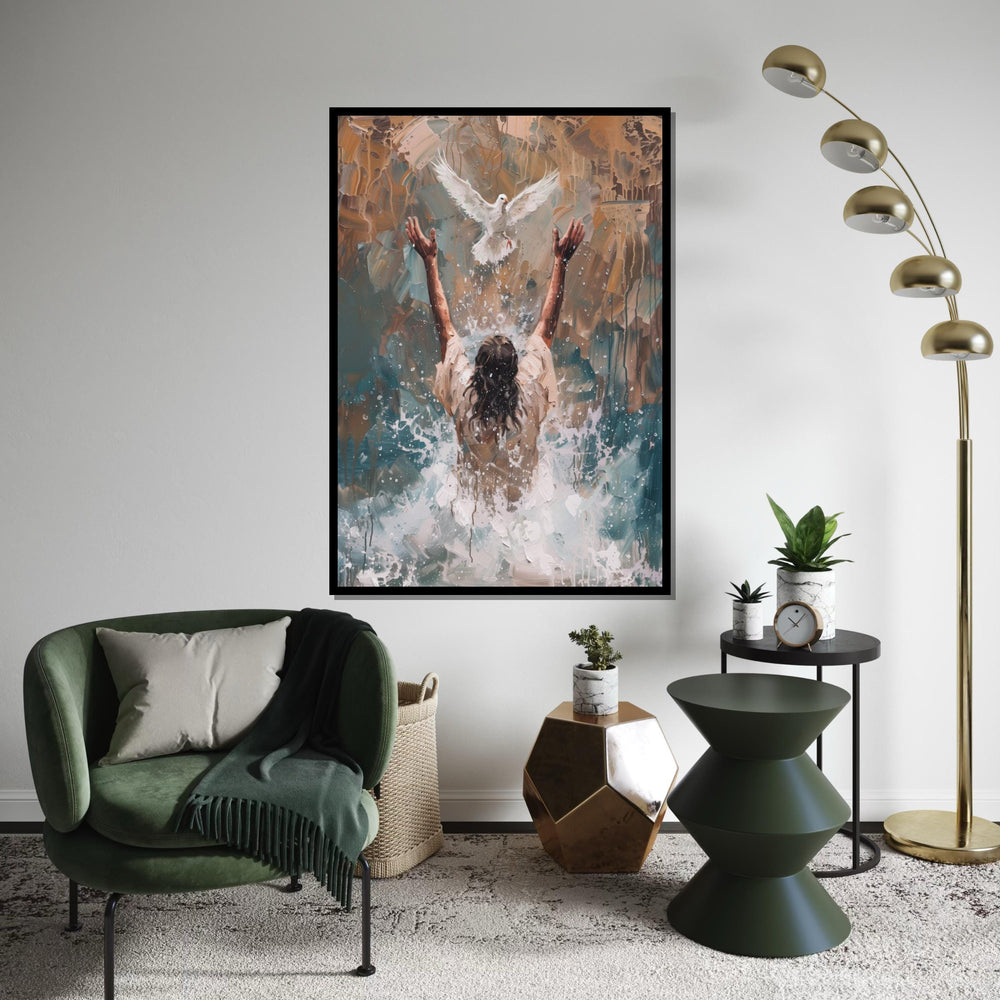 Impasto Baptism of Jesus Canvas Print – Painting with Holy Spirit Dove, Gold Christian Wall Art, Inspirational Faith Home Gift