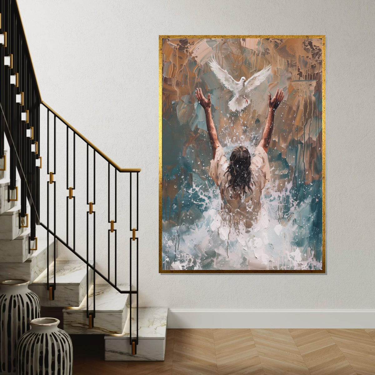 Impasto Baptism of Jesus Canvas Print – Painting with Holy Spirit Dove, Gold Christian Wall Art, Inspirational Faith Home Gift
