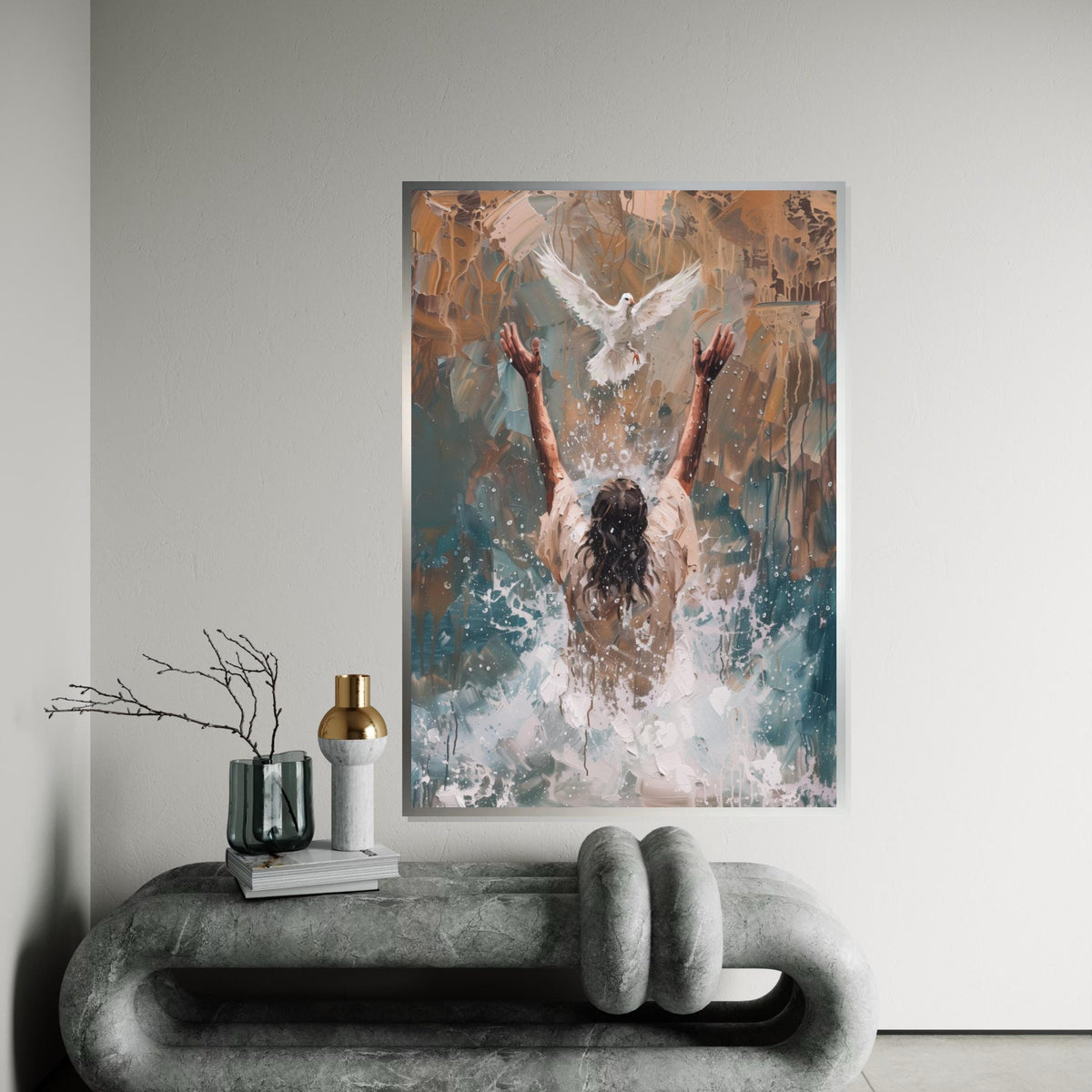 Impasto Baptism of Jesus Canvas Print – Painting with Holy Spirit Dove, Gold Christian Wall Art, Inspirational Faith Home Gift