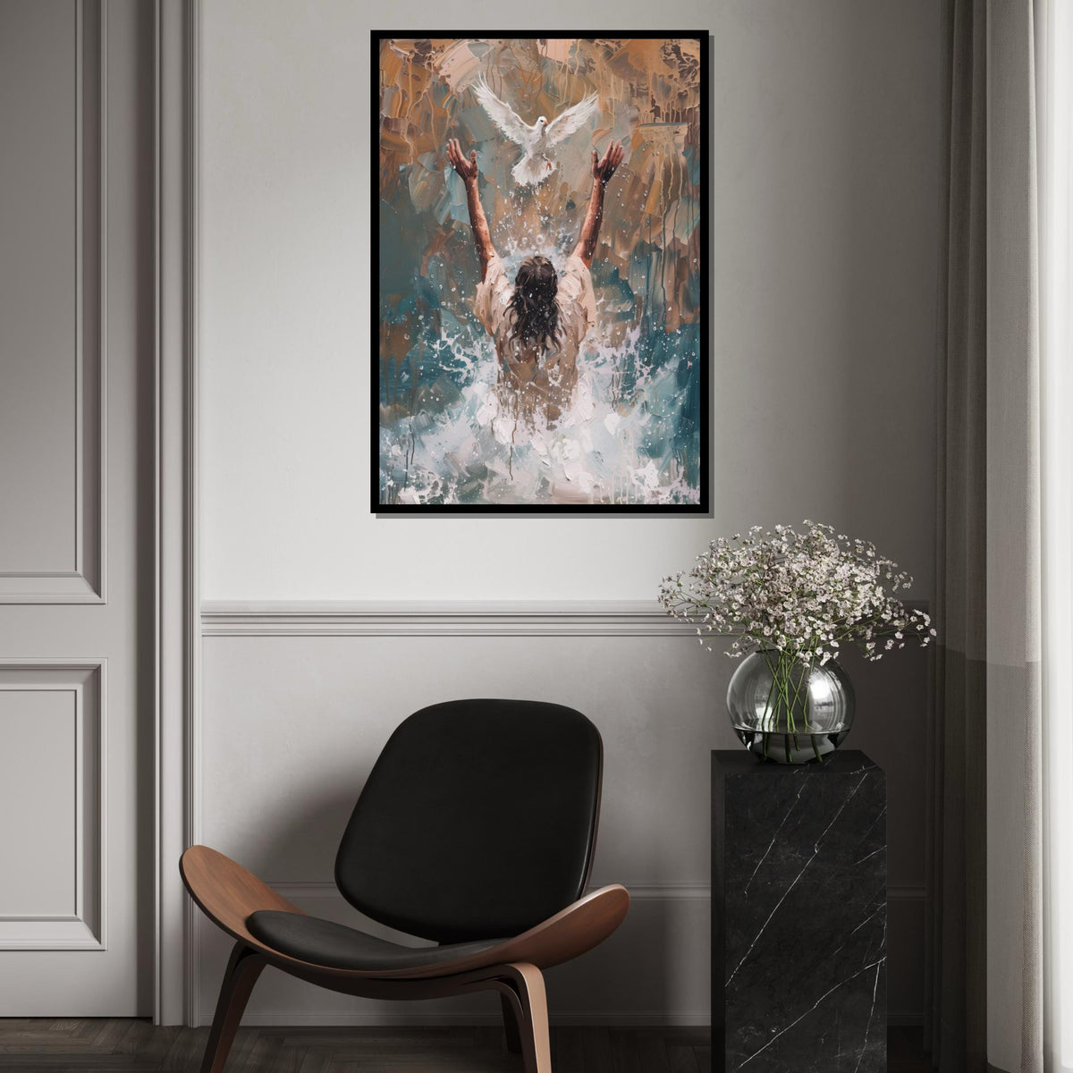 Impasto Baptism of Jesus Canvas Print – Painting with Holy Spirit Dove, Gold Christian Wall Art, Inspirational Faith Home Gift