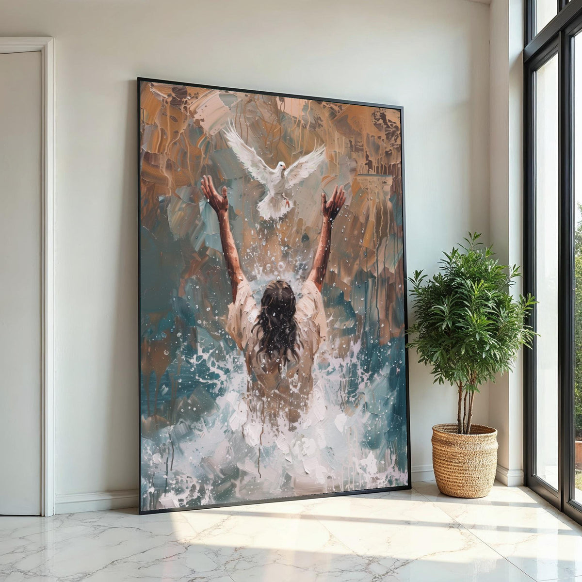 Impasto Baptism of Jesus Canvas Print – Painting with Holy Spirit Dove, Gold Christian Wall Art, Inspirational Faith Home Gift