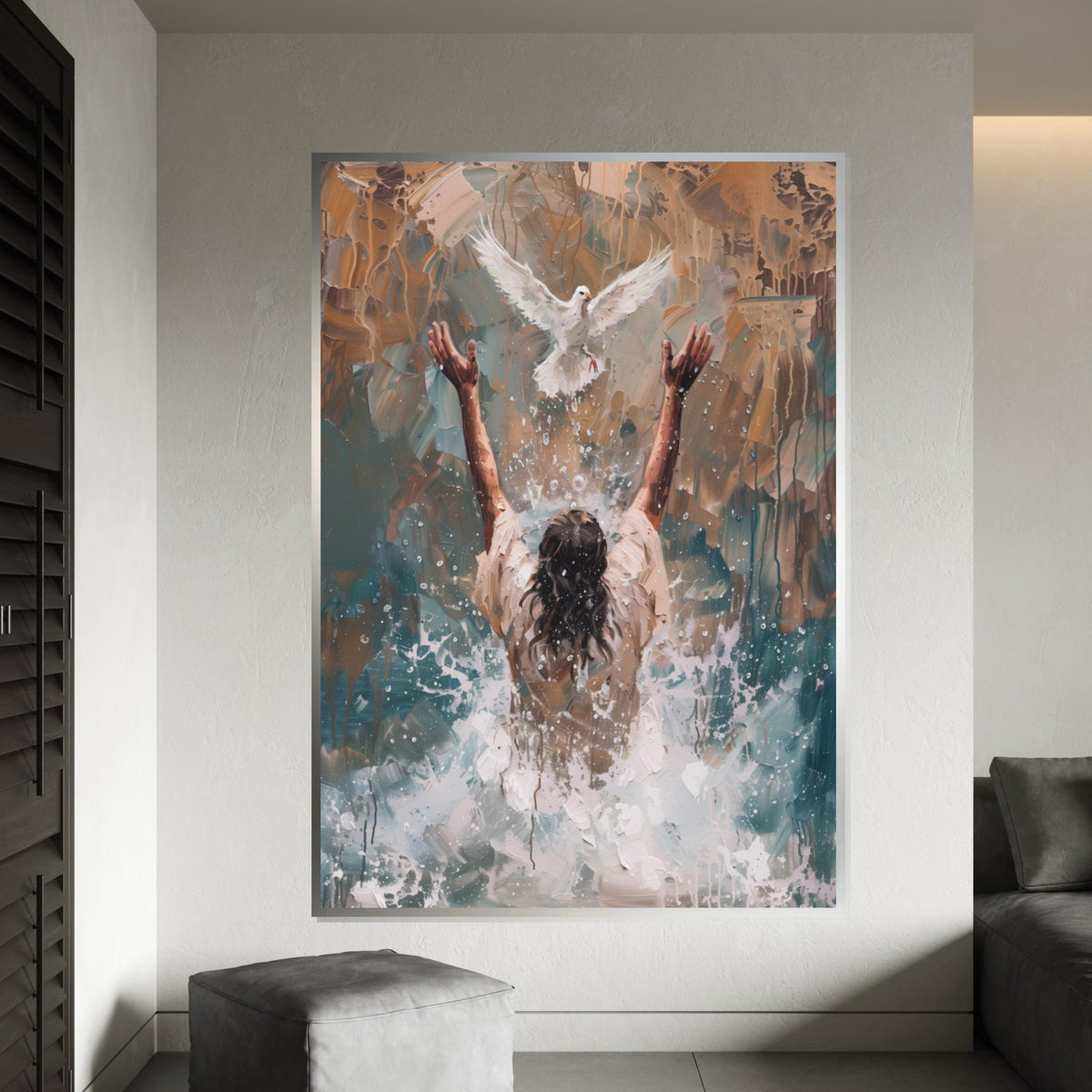 Impasto Baptism of Jesus Canvas Print – Painting with Holy Spirit Dove, Gold Christian Wall Art, Inspirational Faith Home Gift