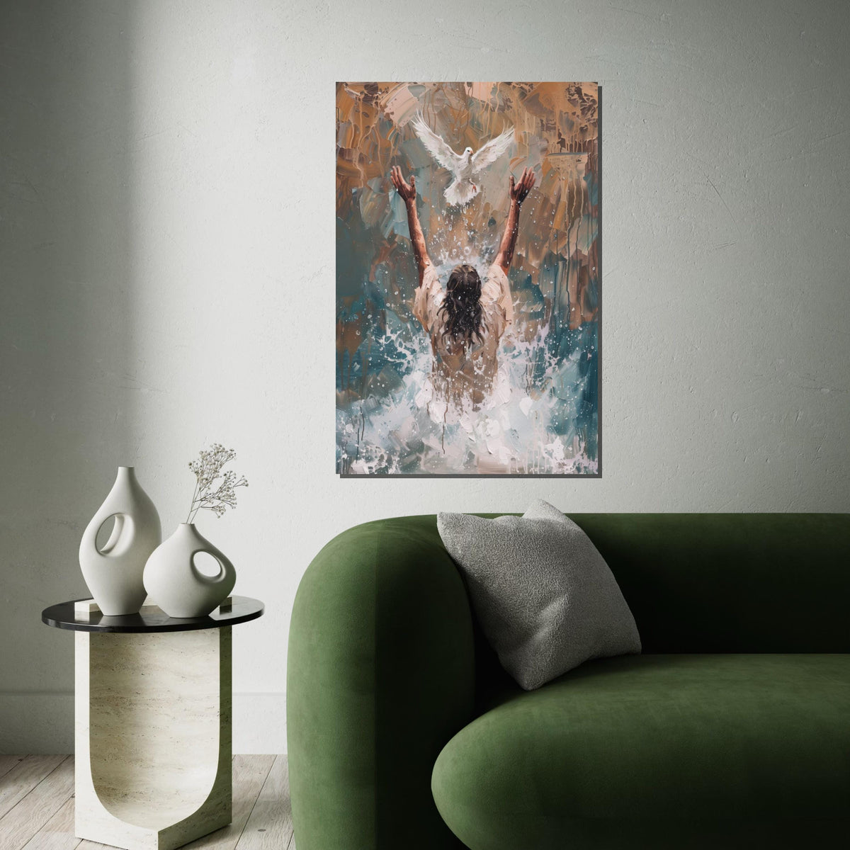 Impasto Baptism of Jesus Canvas Print – Painting with Holy Spirit Dove, Gold Christian Wall Art, Inspirational Faith Home Gift