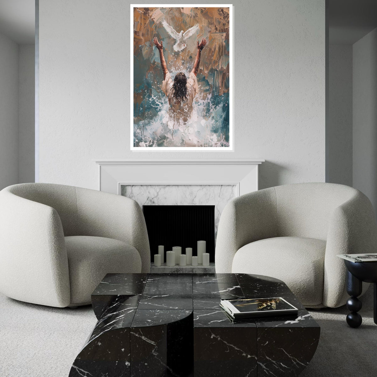 Impasto Baptism of Jesus Canvas Print – Painting with Holy Spirit Dove, Gold Christian Wall Art, Inspirational Faith Home Gift