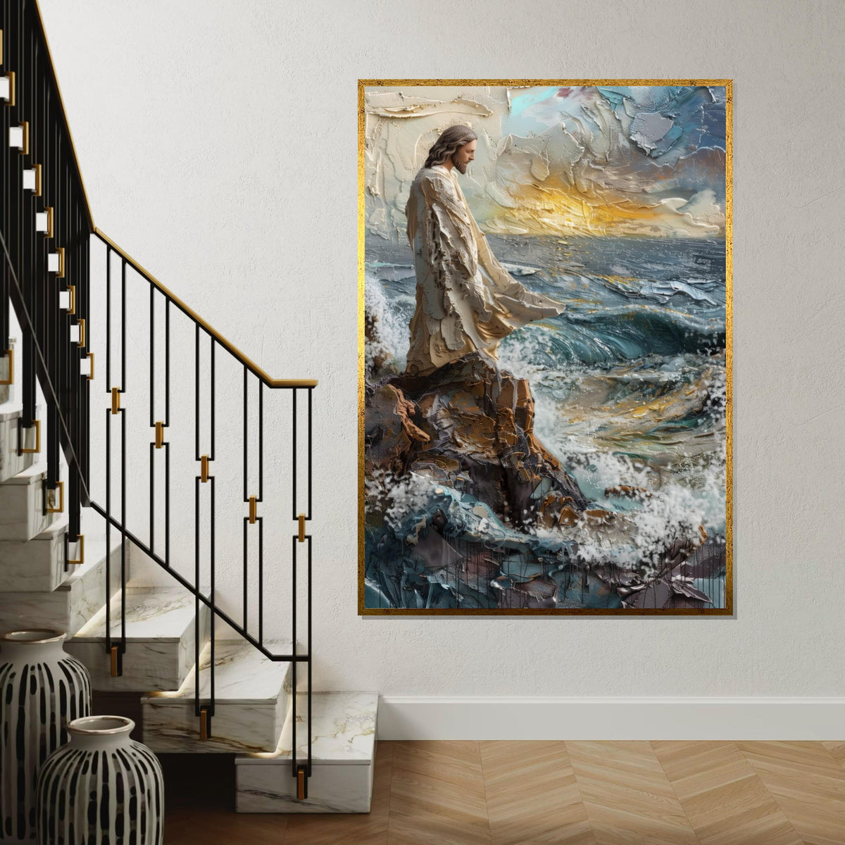 3D Textured Jesus Seascape Canvas Print – Impasto Painting of Christ on Rocky Cliff Over Stormy Waves, Inspirational Faith Décor Gift