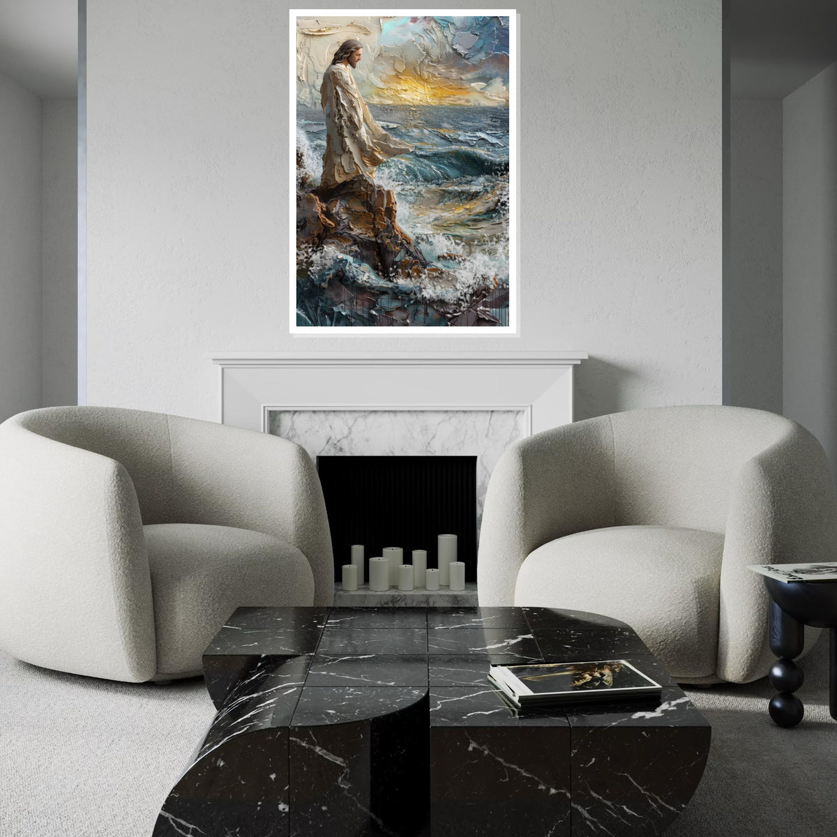 3D Textured Jesus Seascape Canvas Print – Impasto Painting of Christ on Rocky Cliff Over Stormy Waves, Inspirational Faith Décor Gift