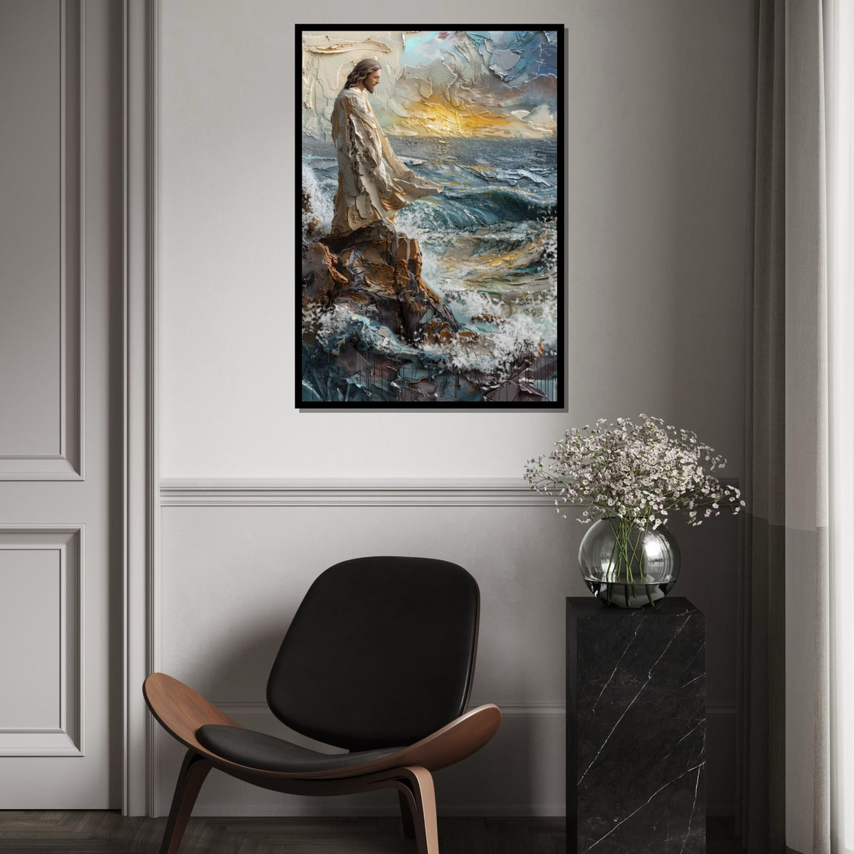 3D Textured Jesus Seascape Canvas Print – Impasto Painting of Christ on Rocky Cliff Over Stormy Waves, Inspirational Faith Décor Gift