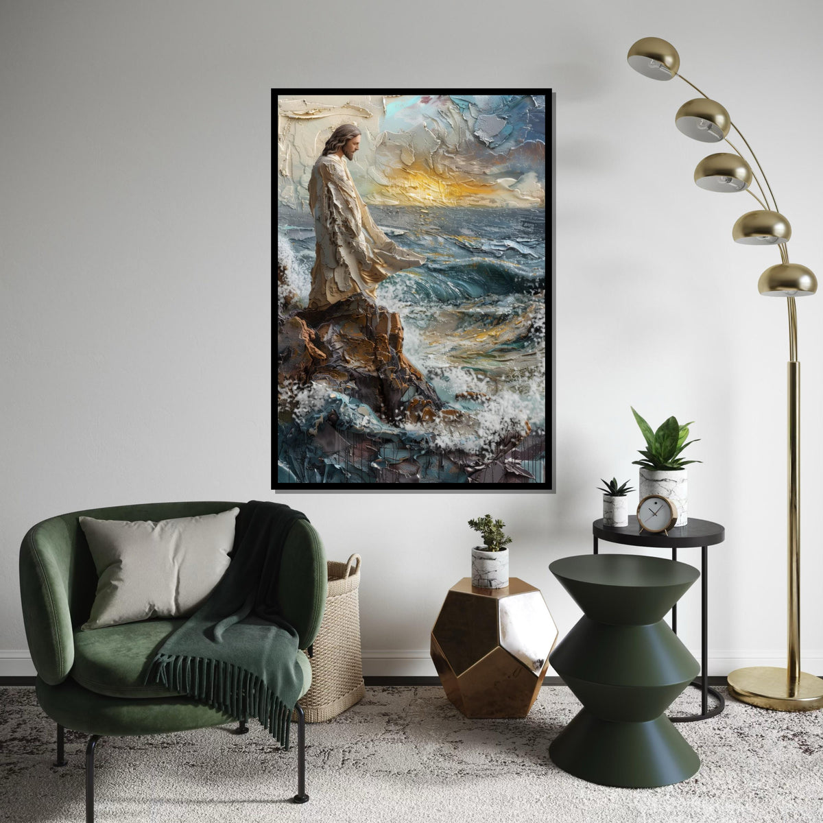 3D Textured Jesus Seascape Canvas Print – Impasto Painting of Christ on Rocky Cliff Over Stormy Waves, Inspirational Faith Décor Gift