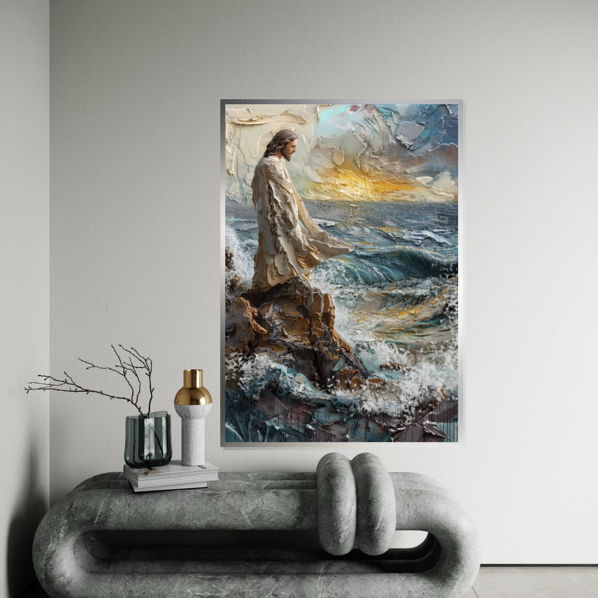 3D Textured Jesus Seascape Canvas Print – Impasto Painting of Christ on Rocky Cliff Over Stormy Waves, Inspirational Faith Décor Gift
