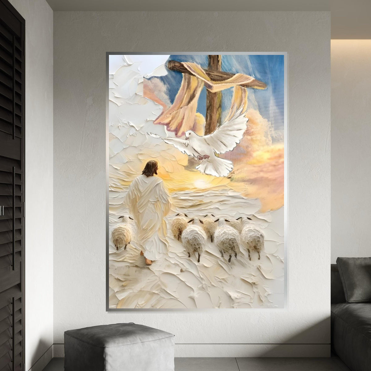 Impasto Good Shepherd Canvas Print – Jesus with Sheep, Dove & Cross, Textured Christian Wall Art, Sunrise Faith Home Décor Gift