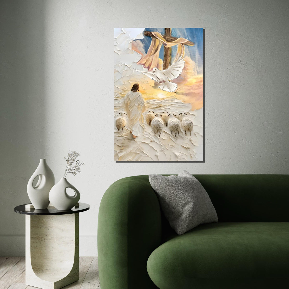 Impasto Good Shepherd Canvas Print – Jesus with Sheep, Dove & Cross, Textured Christian Wall Art, Sunrise Faith Home Décor Gift