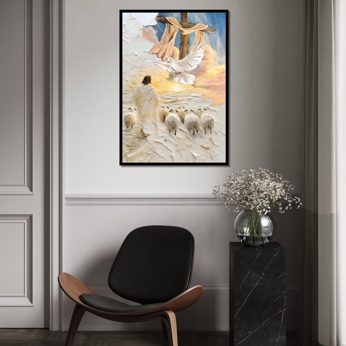 Impasto Good Shepherd Canvas Print – Jesus with Sheep, Dove & Cross, Textured Christian Wall Art, Sunrise Faith Home Décor Gift