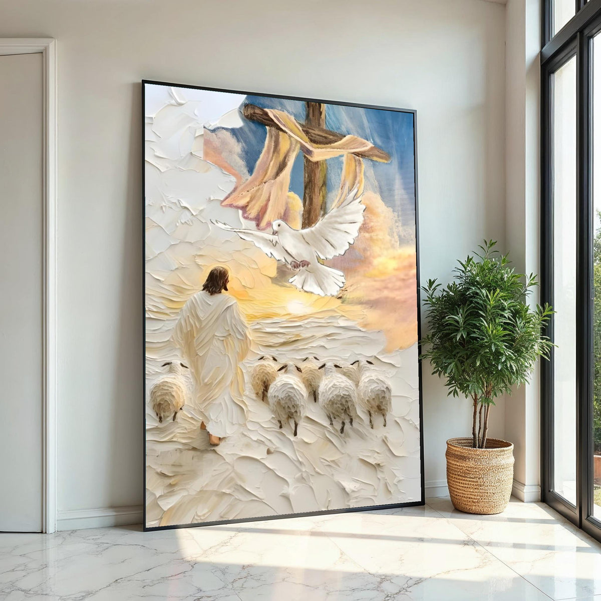 Impasto Good Shepherd Canvas Print – Jesus with Sheep, Dove & Cross, Textured Christian Wall Art, Sunrise Faith Home Décor Gift
