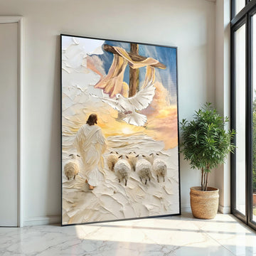 Impasto Good Shepherd Canvas Print – Jesus with Sheep, Dove & Cross, Textured Christian Wall Art, Sunrise Faith Home Décor Gift