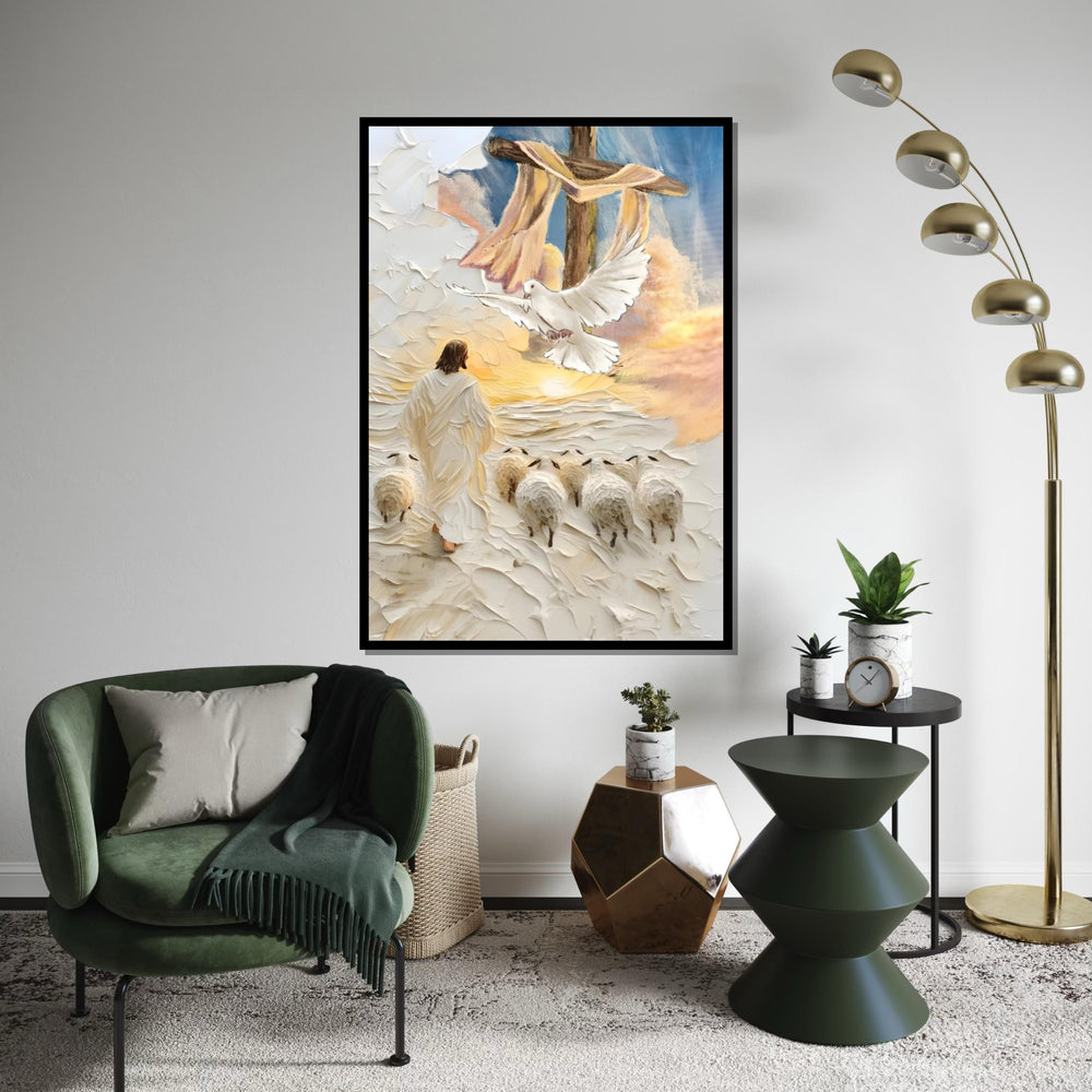 Impasto Good Shepherd Canvas Print – Jesus with Sheep, Dove & Cross, Textured Christian Wall Art, Sunrise Faith Home Décor Gift