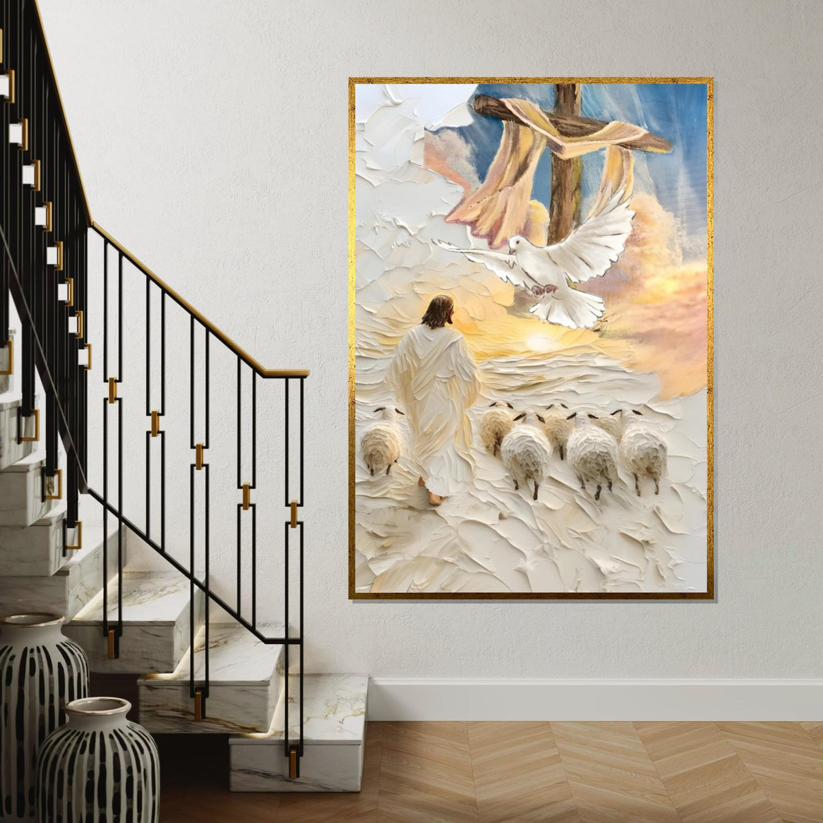 Impasto Good Shepherd Canvas Print – Jesus with Sheep, Dove & Cross, Textured Christian Wall Art, Sunrise Faith Home Décor Gift