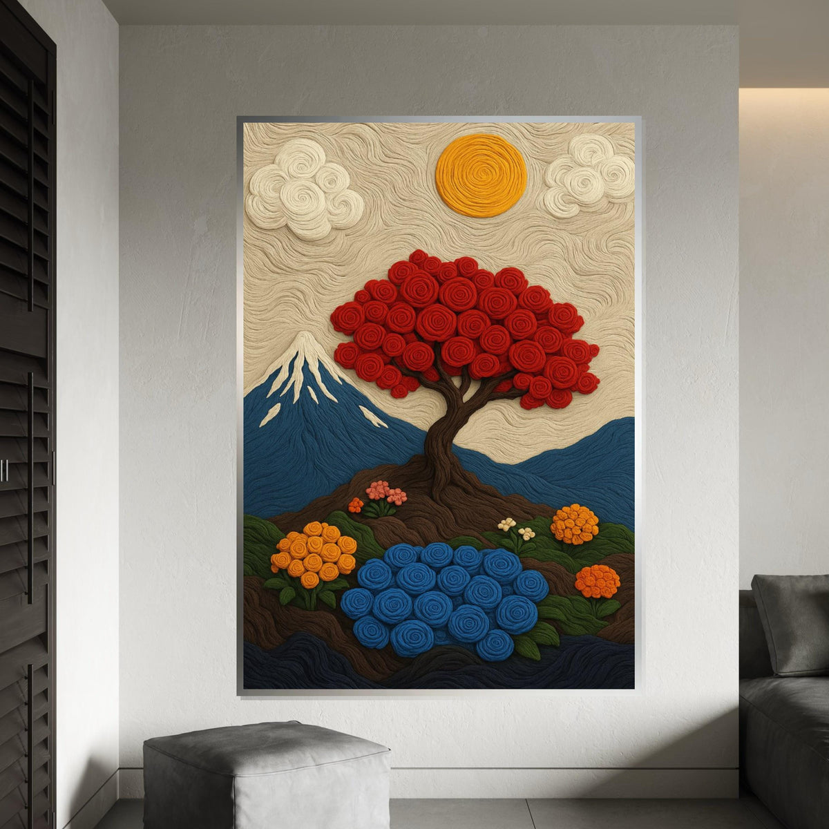 Wool Landscape Canvas Print – Red Spiral Tree & Mount Fuji Scene, Fiber Art Inspired Felt Painting, Cozy Home Décor Gift