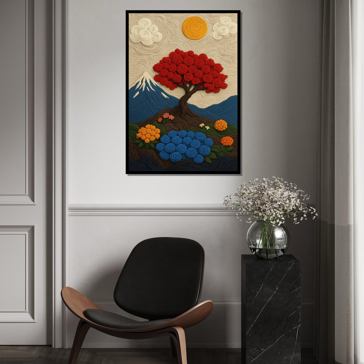 Wool Landscape Canvas Print – Red Spiral Tree & Mount Fuji Scene, Fiber Art Inspired Felt Painting, Cozy Home Décor Gift