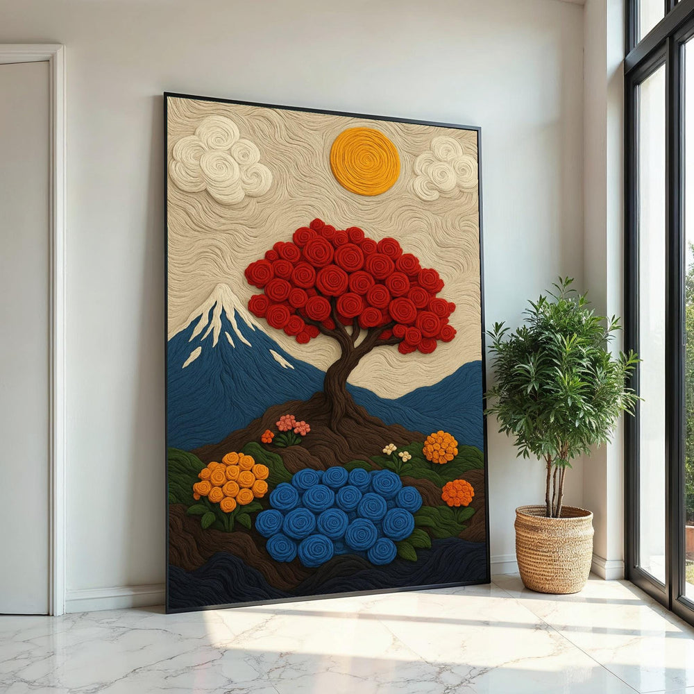 Wool Landscape Canvas Print – Red Spiral Tree & Mount Fuji Scene, Fiber Art Inspired Felt Painting, Cozy Home Décor Gift