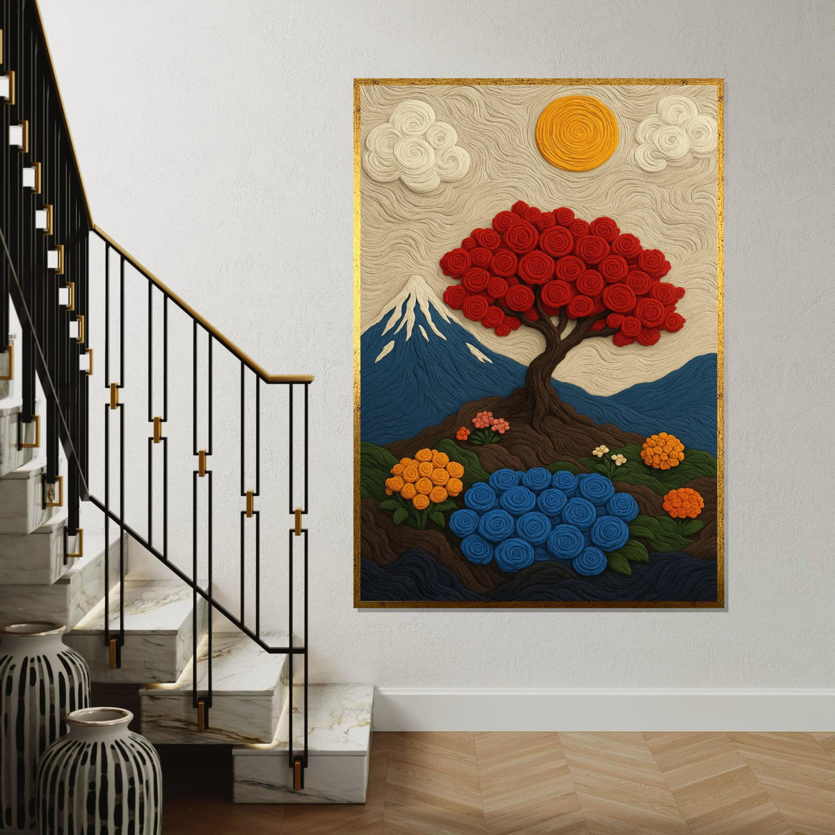Wool Landscape Canvas Print – Red Spiral Tree & Mount Fuji Scene, Fiber Art Inspired Felt Painting, Cozy Home Décor Gift