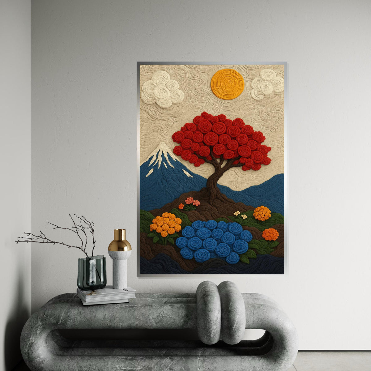 Wool Landscape Canvas Print – Red Spiral Tree & Mount Fuji Scene, Fiber Art Inspired Felt Painting, Cozy Home Décor Gift