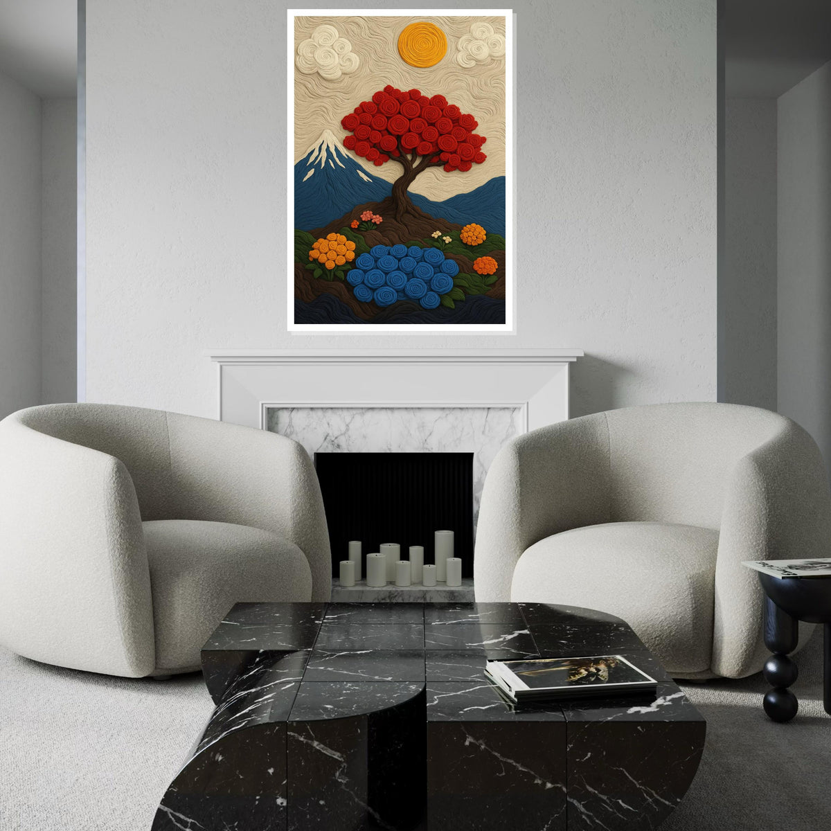 Wool Landscape Canvas Print – Red Spiral Tree & Mount Fuji Scene, Fiber Art Inspired Felt Painting, Cozy Home Décor Gift