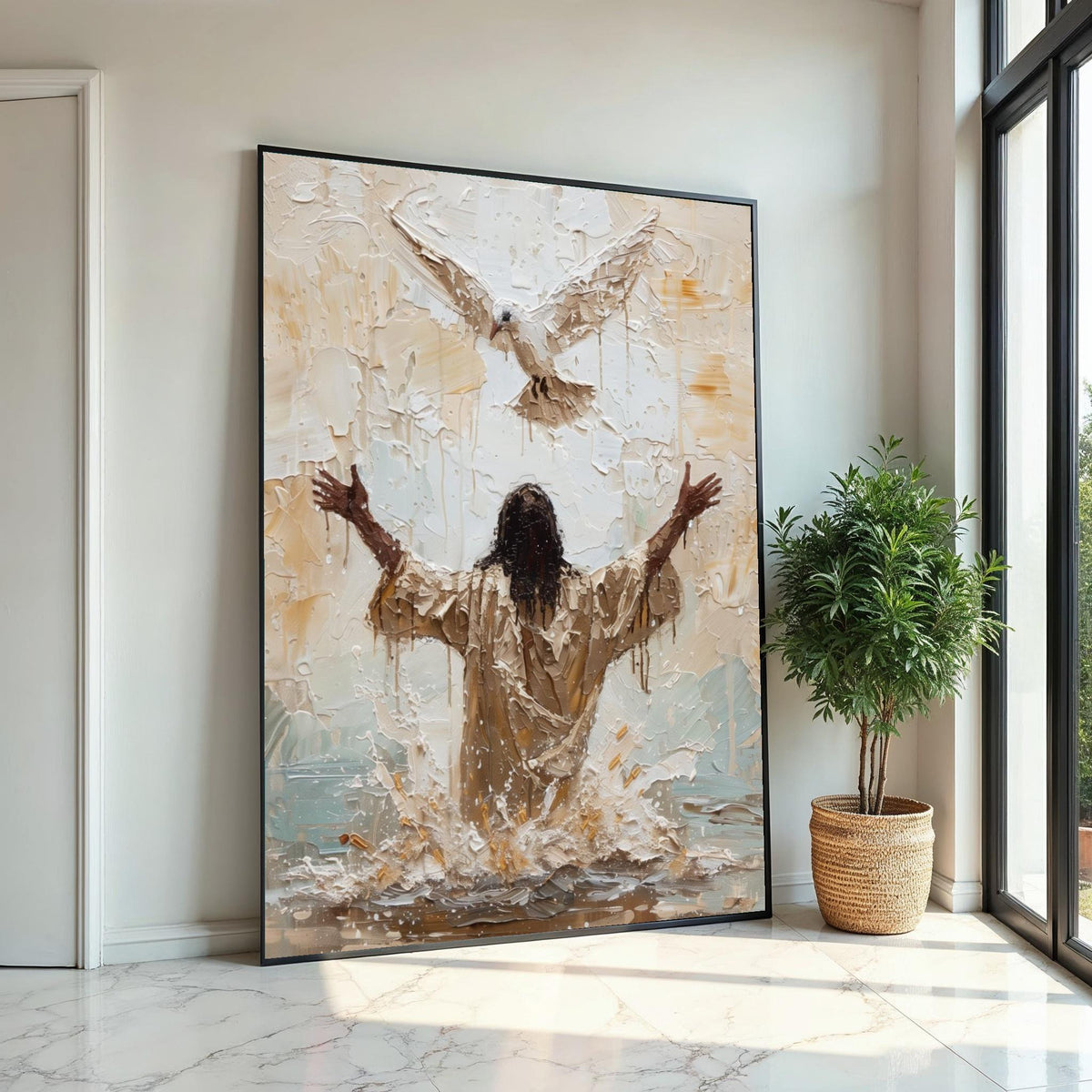 Baptism of Jesus Canvas Wall Art – Impasto Painting with Holy Spirit Dove, Inspirational Christian Décor, Spiritual Home Gift